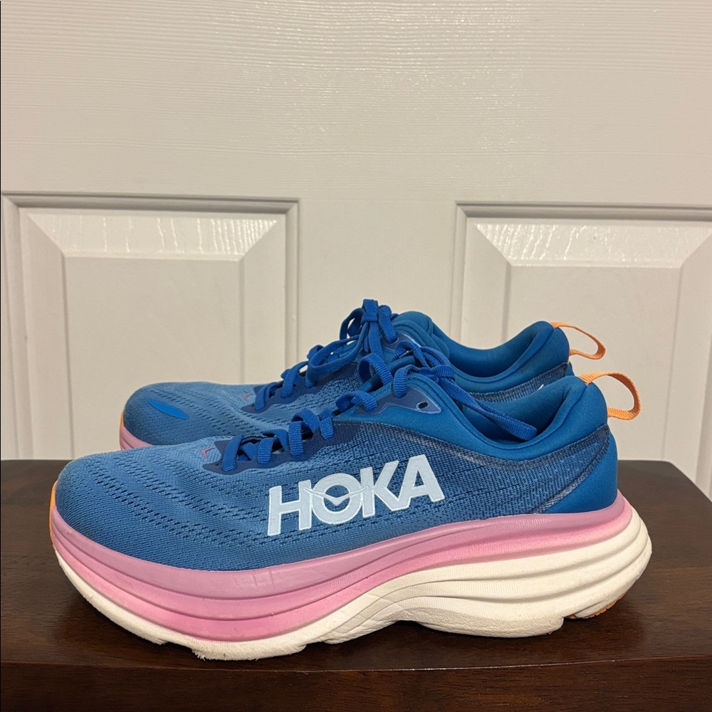 Hoka Bondi 8 Blue and Pink. Worn less than 10 times for casual walking.